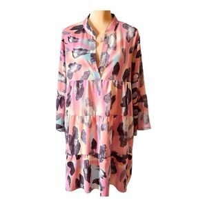 Belinda Mini Dress Sz L Pink Grey Abstract Print Baby Doll Tiered Long Sleeves